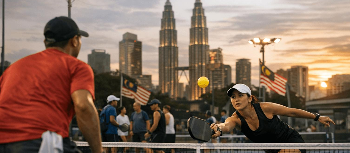 Pickleball players playing in Kuala Lumpur at sunset